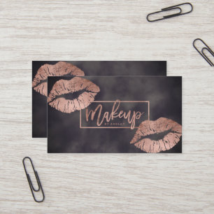 Makeup typography lips rose gold grey watercolor business card