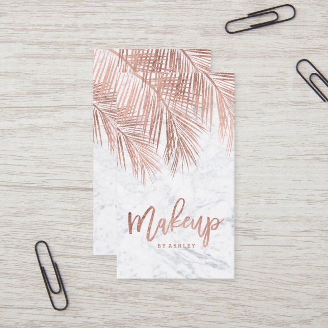 Makeup typography rose gold palm tree leaf marble business card (Front/Back In Situ)