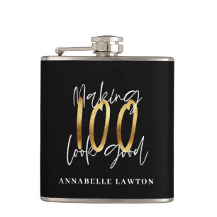 Making 100 look good gold birthday invitation hip flask