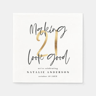 Making 21 look good gold birthday party napkin