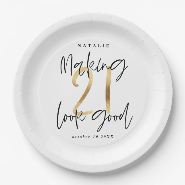 Making 21 look good gold Birthday party Paper Plate (Front)