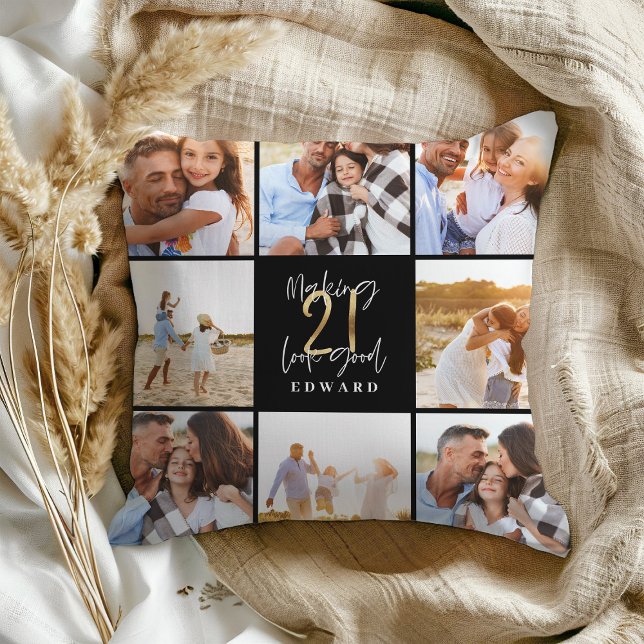 Making 21 look good gold black photo birthday cushion (Creator Uploaded)