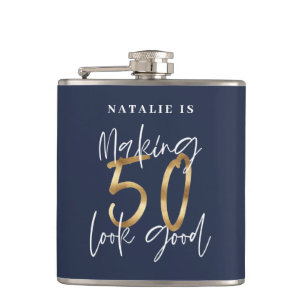 Making 50 look good age birthday blue gold hip flask