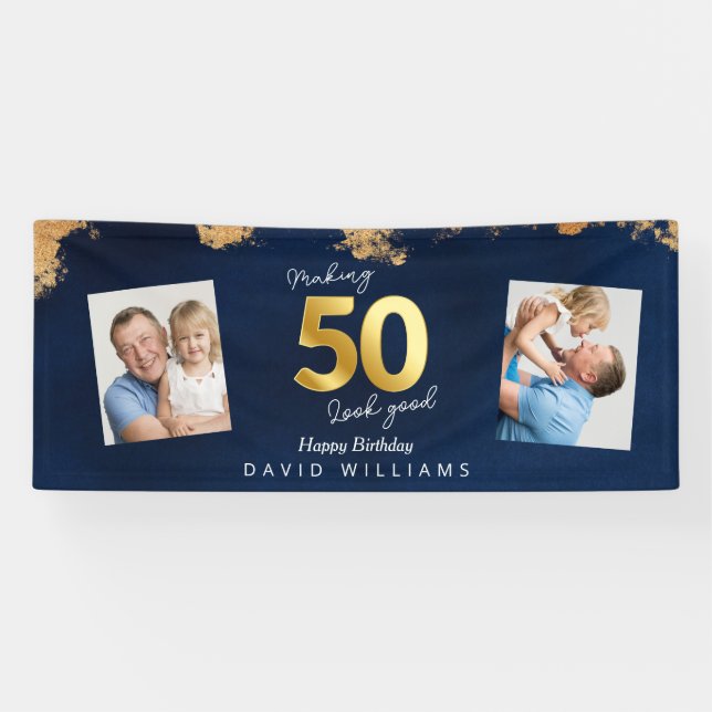 Making 50 look good blue and gold birthday banner (Horizontal)