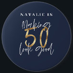 Making 50 look good blue gold birthday button<br><div class="desc">Making 50 look good age birthday typographic personalised birthday gift. Life begins at fifty, show how happy you are to be in your fifties with this design, ideal for a birthday party or celebration weekend away. Make it a party to remember with the awesome outfit or a ideal gift for...</div>