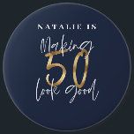 Making 50 look good blue gold birthday button<br><div class="desc">Making 50 look good age birthday typographic personalised birthday gift. Life begins at fifty, show how happy you are to be in your fifties with this design, ideal for a birthday party or celebration weekend away. Make it a party to remember with the awesome outfit or a ideal gift for...</div>