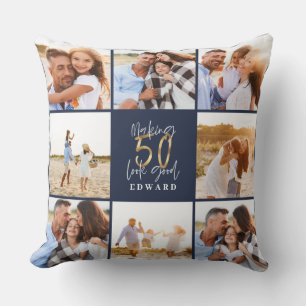 Making 50 look good blue gold photo birthday cushion