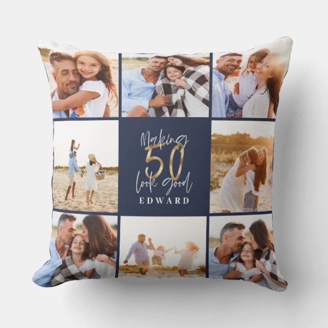 Making 50 look good blue gold photo birthday cushion (Front)