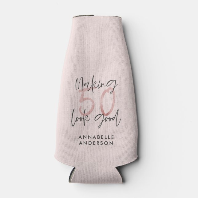 Making 50 look good girly pink glitter birthday bottle cooler (Front)