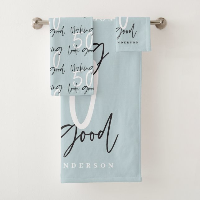 Making 50 look good gold birthday celebration bath towel set (Insitu)