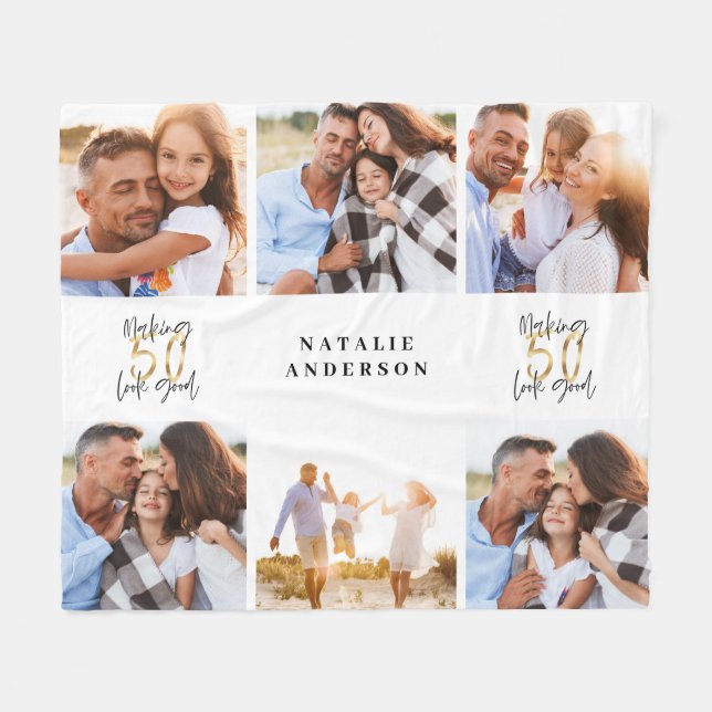 Making 50 look good gold black photo birthday fleece blanket (Front (Horizontal))