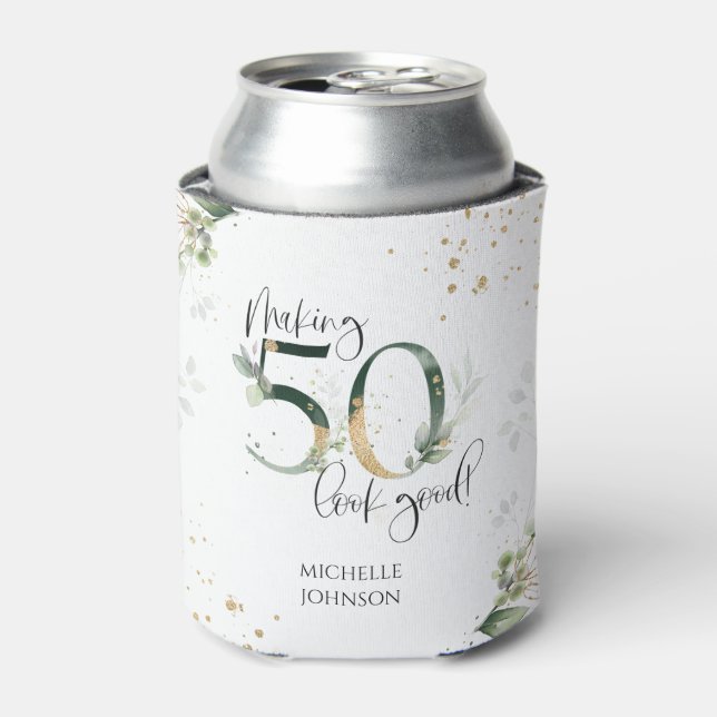 Making 50 Look Good Green Gold Botanical Birthday Can Cooler (Can Front)
