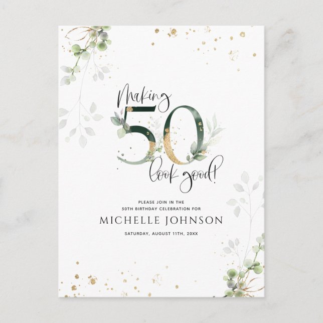 Making 50 Look Good Green Gold Botanical Birthday Invitation Postcard (Front)