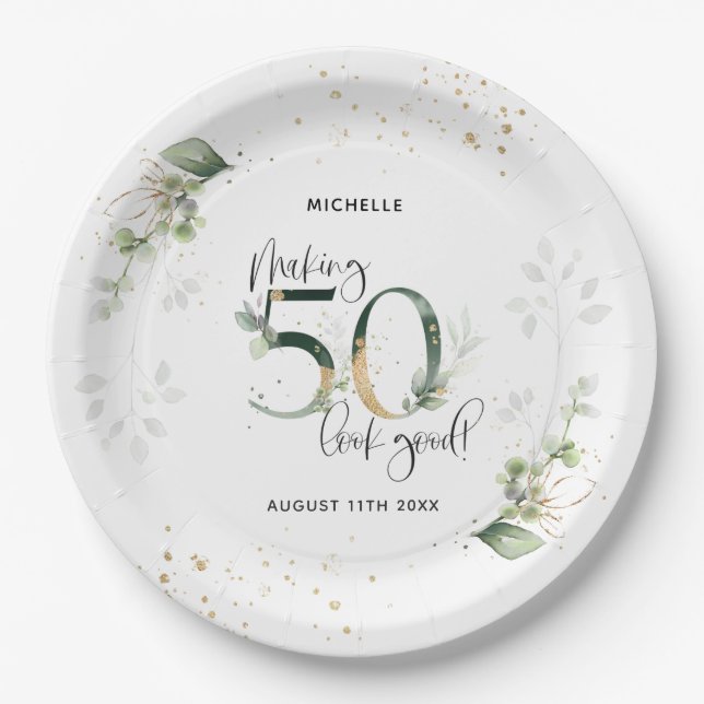 Making 50 Look Good Green Gold Botanical Birthday Paper Plate (Front)