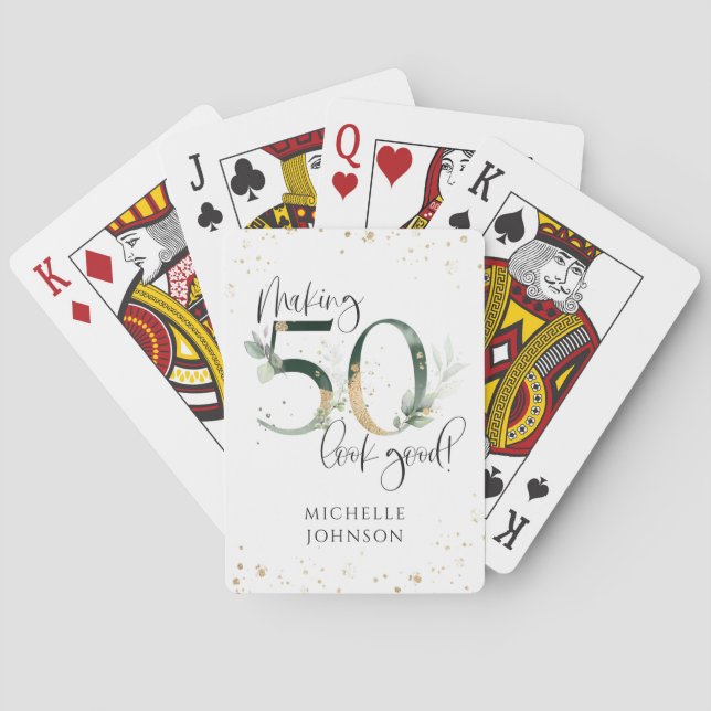 Making 50 Look Good Green Gold Botanical Birthday Playing Cards (Back)