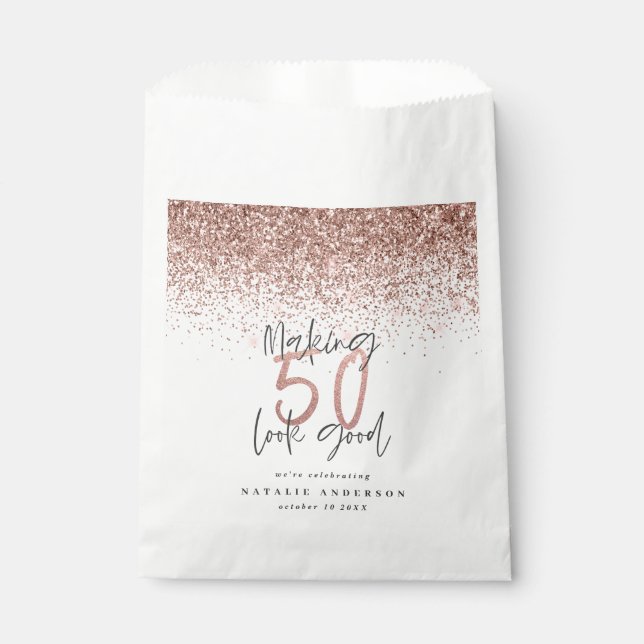 Making 50 look good rose gold glitter party favour favour bag (Front)