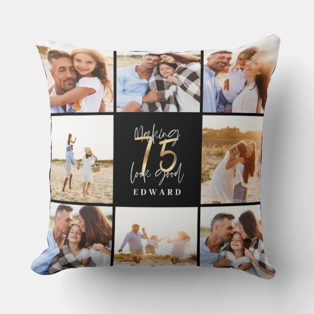 Making 75 look good gold black photo birthday cushion (Front)