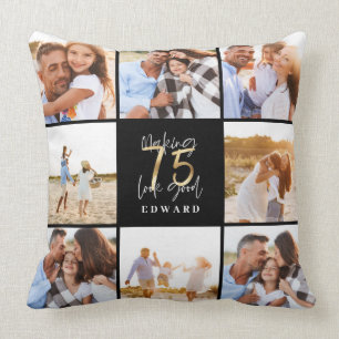 Making 75 look good gold black photo birthday cushion