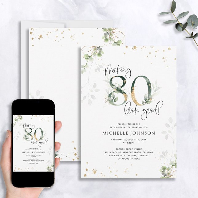 Making 80 Look Good Green Gold Botanical Birthday Invitation (Creator Uploaded)