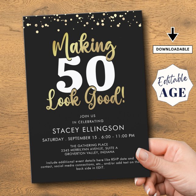 Making AGE Look Good Black Gold Birthday Invitation (Creator Uploaded)