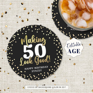 Making AGE Look Good Black Gold Birthday Round Paper Coaster