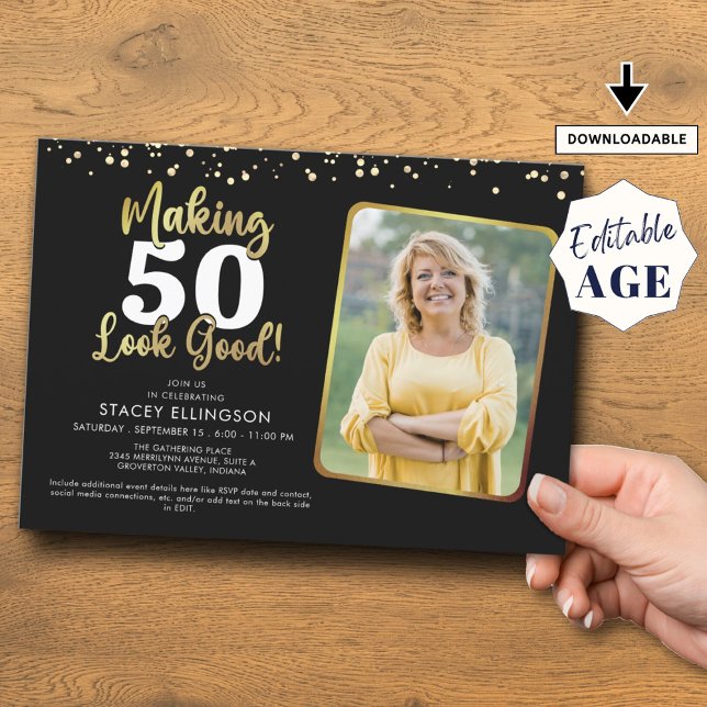 Making AGE Look Good Black Gold Photo Birthday Invitation (Creator Uploaded)