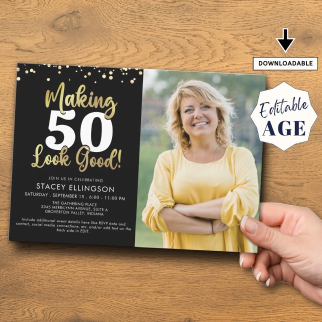 Making AGE Look Good Photo Black Gold Birthday Invitation (Creator Uploaded)
