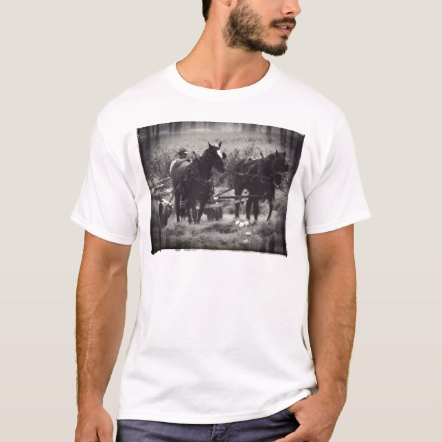 Making Hay With Horses Black and White T-Shirt (Front)