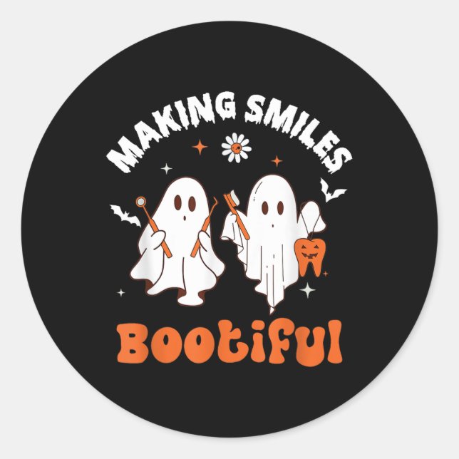 Making Smiles Bootiful Funny Ghost Dentist Hallowe Classic Round Sticker (Front)