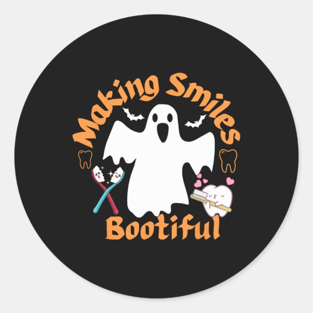 Making Smiles Bootiful Funny Ghost Dentist Hallowe Classic Round Sticker (Front)