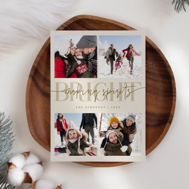 Making Spirits Bright Beige Christmas Multi Photo Holiday Card (Creator Uploaded)