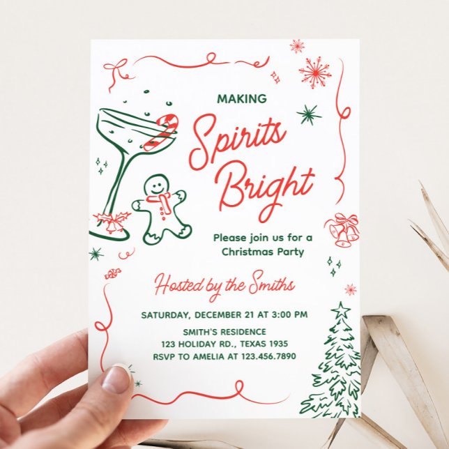 Making Spirits Bright Hand Drawn Christmas Party Invitation (Hand Drawn Making Spirits Bright Christmas Party Invitation)