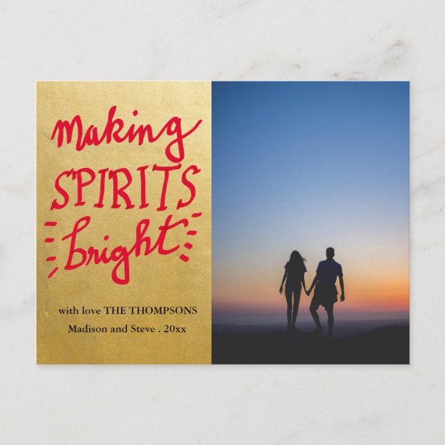 Making Spirits Bright Red Script Gold Foil | Photo Postcard (Front)