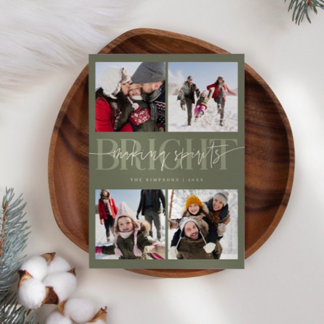 Making Spirits Bright Sage Christmas Multi Photo Holiday Card (Creator Uploaded)