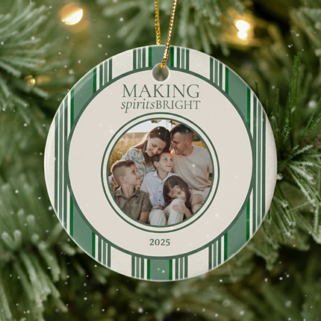 Making Spirits Bright Two Photo Stripe Holiday Ceramic Ornament (Send holiday greetings with this Making Spirits Bright Two Photo Stripe Holiday Ceramic Ornament!)
