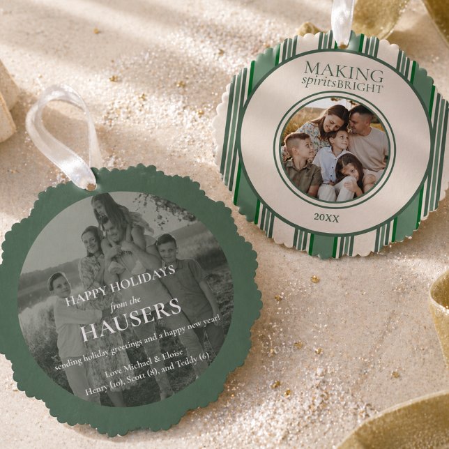 Making Spirits Bright Two Photo Stripe Tree Decoration Card (Making Spirits Bright Two Photo Stripe Ornament Card)