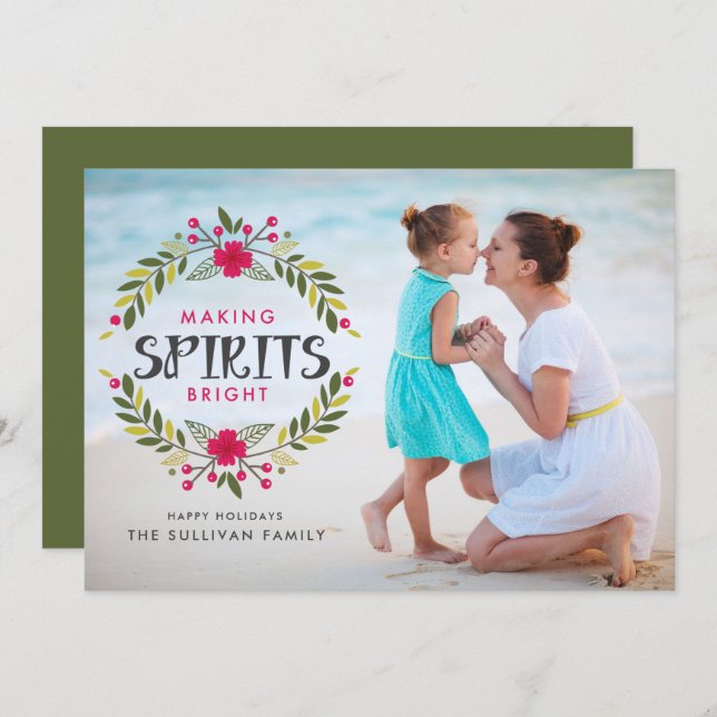 Making Spirits Bright Wreath Christmas Photo Holiday Card (Front/Back)