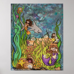 Mako Polo Mermaid + Shark play games friends art Poster