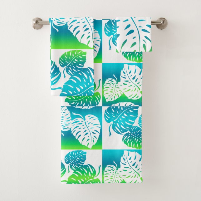 Makua Monstera Tropical Hawaiian Striped Blend Bath Towel Set (Insitu)