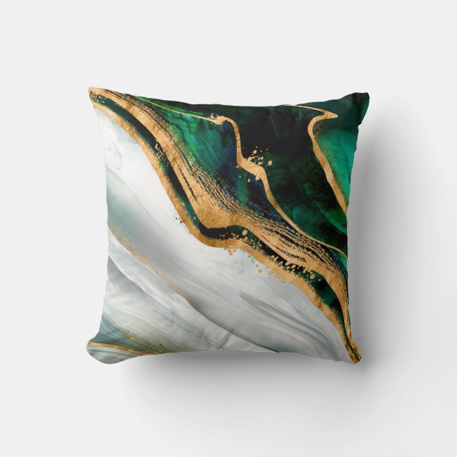 Malachite green watercolor and gold cushion (Front)
