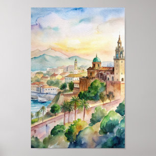 Malaga Spain Cityscape Watercolor Painting Poster