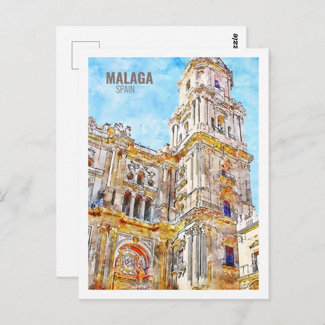 Malaga Spain Famous Travel Watercolor Sketch Postcard (Front/Back)