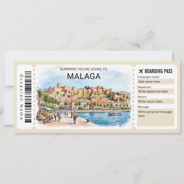 Malaga Spain Trip Boarding Pass Ticket Invitation (Front)