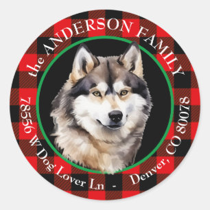 Malamute Dog Buffalo Plaid Return Address Classic Round Sticker