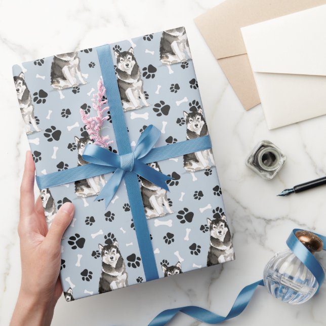 Malamute Dog Paw Print Pattern on Silver Blue Wrapping Paper (Gifting)