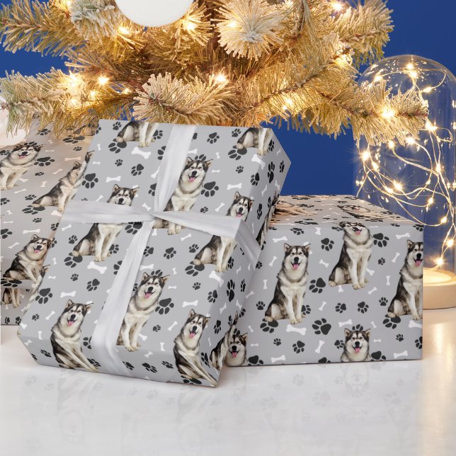 Malamute Dog Paw Print Pattern on Silver Grey Wrapping Paper (Holidays)