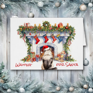 Malamute Dog Wait for Santa Christmas Fireplace