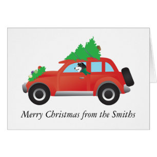 Malamute Driving a car with Christmas tree on top