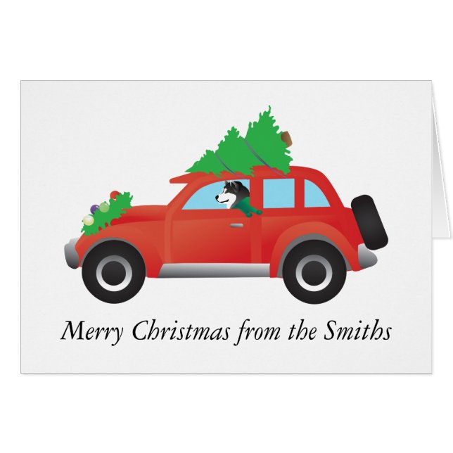 Malamute Driving a car with Christmas tree on top (Front Horizontal)