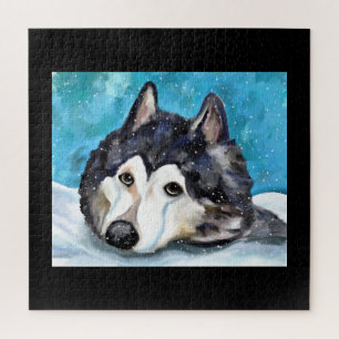MALAMUTE PLAYING IN SNOW  JIGSAW PUZZLE